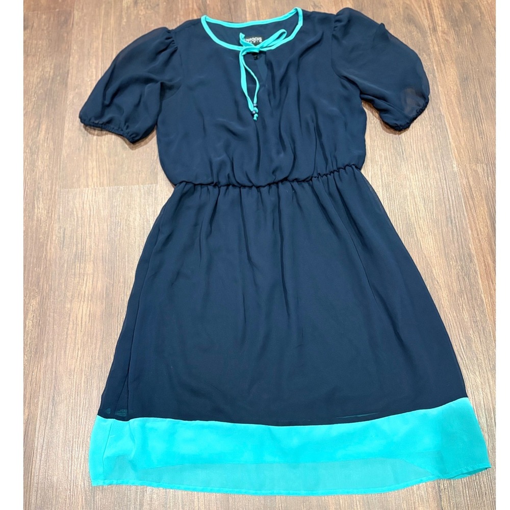 Retro Twee Mod Navy Teal Colorblock Chiffon A-Line Dress Puff Sleeve Women's 6